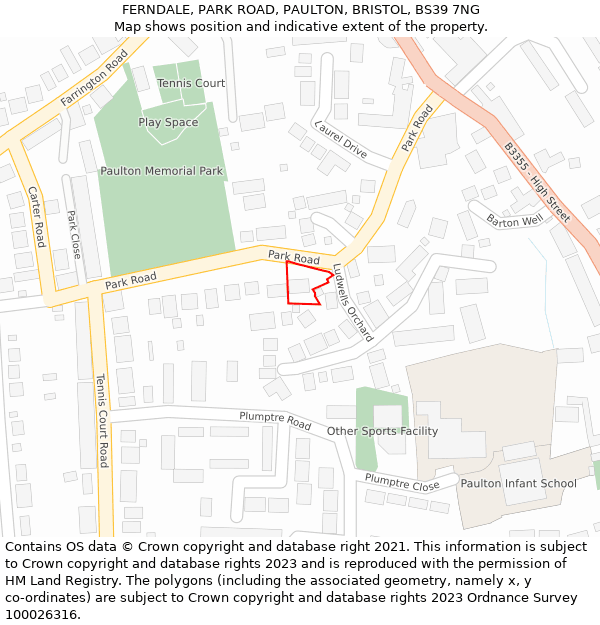 FERNDALE, PARK ROAD, PAULTON, BRISTOL, BS39 7NG: Location map and indicative extent of plot