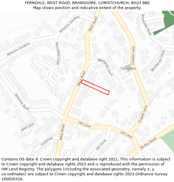 FERNDALE, WEST ROAD, BRANSGORE, CHRISTCHURCH, BH23 8BE: Location map and indicative extent of plot