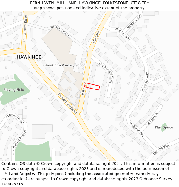 FERNHAVEN, MILL LANE, HAWKINGE, FOLKESTONE, CT18 7BY: Location map and indicative extent of plot