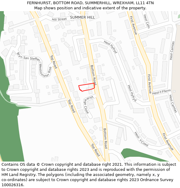 FERNHURST, BOTTOM ROAD, SUMMERHILL, WREXHAM, LL11 4TN: Location map and indicative extent of plot