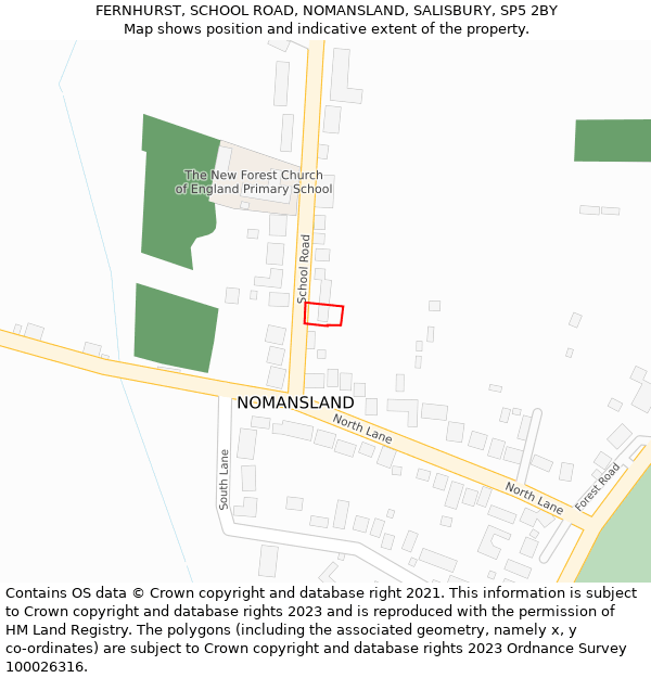 FERNHURST, SCHOOL ROAD, NOMANSLAND, SALISBURY, SP5 2BY: Location map and indicative extent of plot