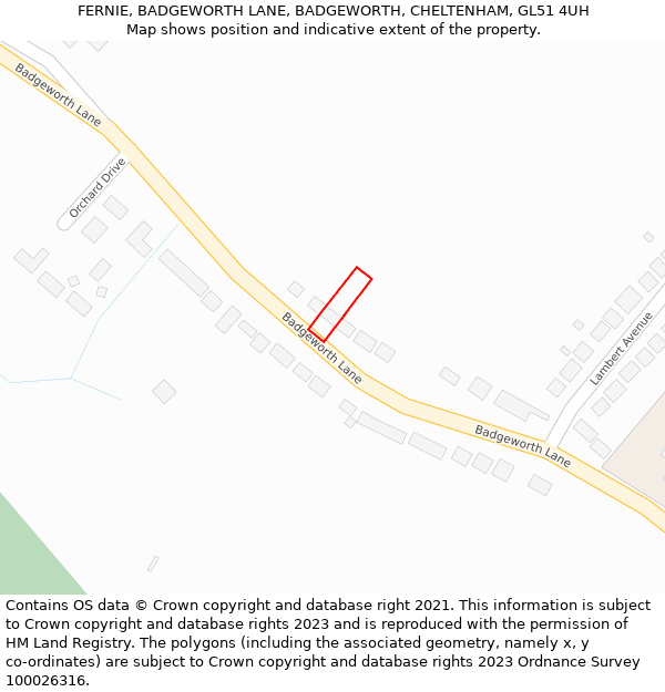 FERNIE, BADGEWORTH LANE, BADGEWORTH, CHELTENHAM, GL51 4UH: Location map and indicative extent of plot