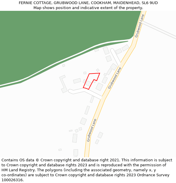 FERNIE COTTAGE, GRUBWOOD LANE, COOKHAM, MAIDENHEAD, SL6 9UD: Location map and indicative extent of plot