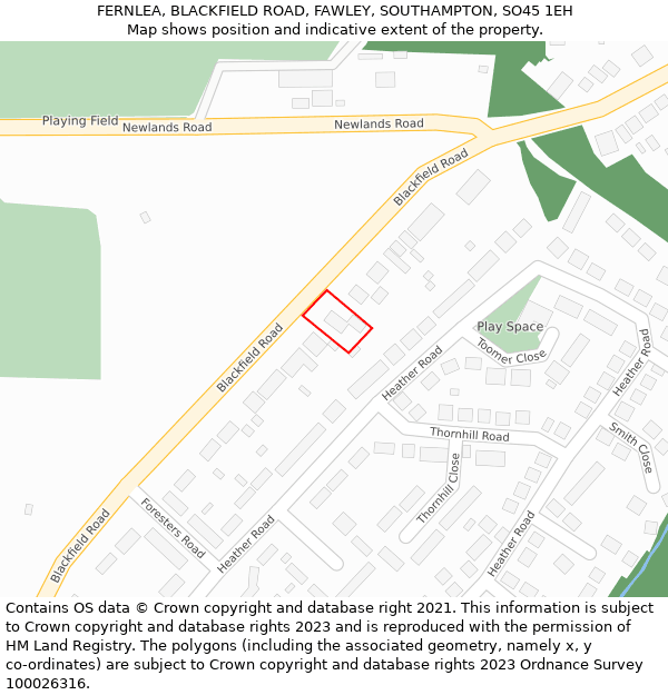 FERNLEA, BLACKFIELD ROAD, FAWLEY, SOUTHAMPTON, SO45 1EH: Location map and indicative extent of plot