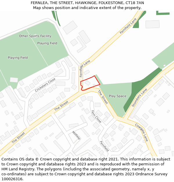 FERNLEA, THE STREET, HAWKINGE, FOLKESTONE, CT18 7AN: Location map and indicative extent of plot