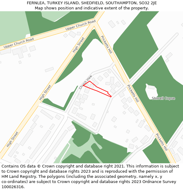 FERNLEA, TURKEY ISLAND, SHEDFIELD, SOUTHAMPTON, SO32 2JE: Location map and indicative extent of plot