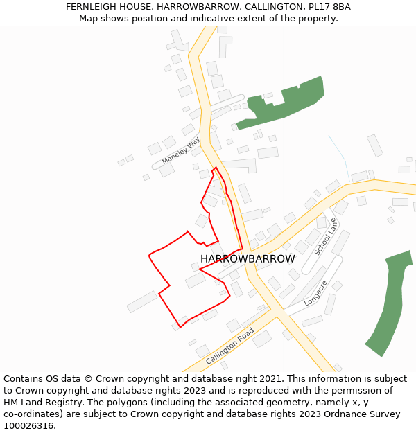 FERNLEIGH HOUSE, HARROWBARROW, CALLINGTON, PL17 8BA: Location map and indicative extent of plot