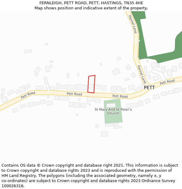 FERNLEIGH, PETT ROAD, PETT, HASTINGS, TN35 4HE: Location map and indicative extent of plot