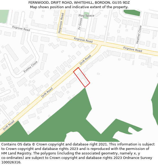 FERNWOOD, DRIFT ROAD, WHITEHILL, BORDON, GU35 9DZ: Location map and indicative extent of plot