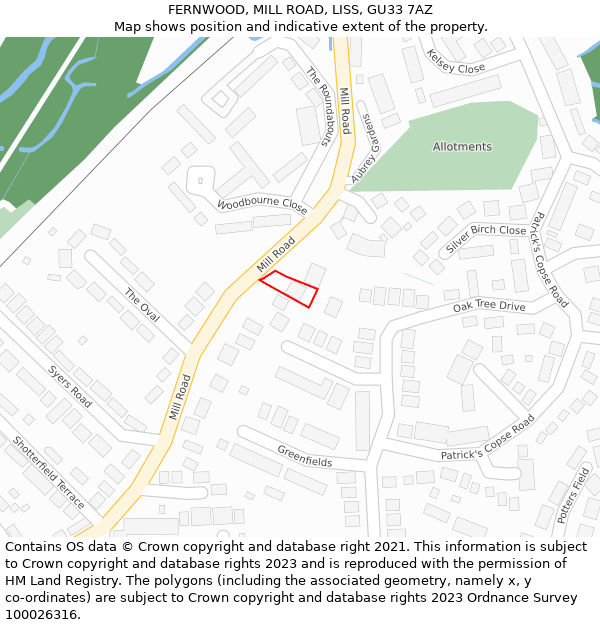 FERNWOOD, MILL ROAD, LISS, GU33 7AZ: Location map and indicative extent of plot