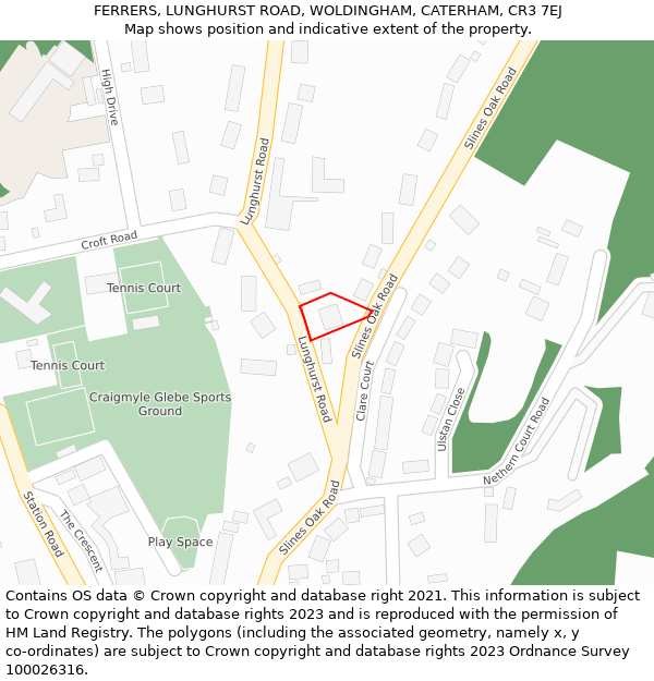 FERRERS, LUNGHURST ROAD, WOLDINGHAM, CATERHAM, CR3 7EJ: Location map and indicative extent of plot
