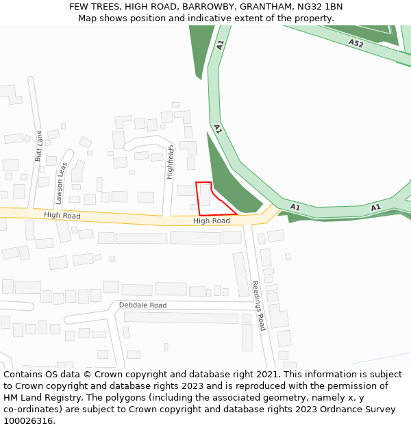 FEW TREES, HIGH ROAD, BARROWBY, GRANTHAM, NG32 1BN: Location map and indicative extent of plot