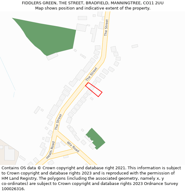 FIDDLERS GREEN, THE STREET, BRADFIELD, MANNINGTREE, CO11 2UU: Location map and indicative extent of plot