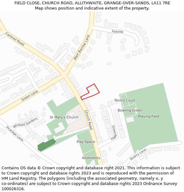 FIELD CLOSE, CHURCH ROAD, ALLITHWAITE, GRANGE-OVER-SANDS, LA11 7RE: Location map and indicative extent of plot