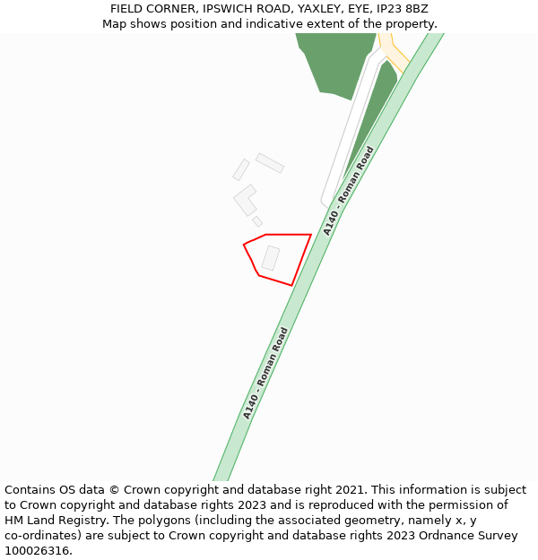 FIELD CORNER, IPSWICH ROAD, YAXLEY, EYE, IP23 8BZ: Location map and indicative extent of plot