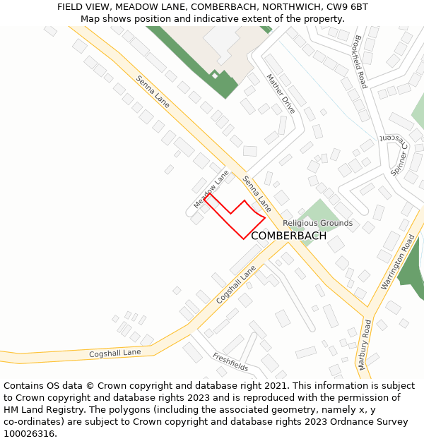 FIELD VIEW, MEADOW LANE, COMBERBACH, NORTHWICH, CW9 6BT: Location map and indicative extent of plot