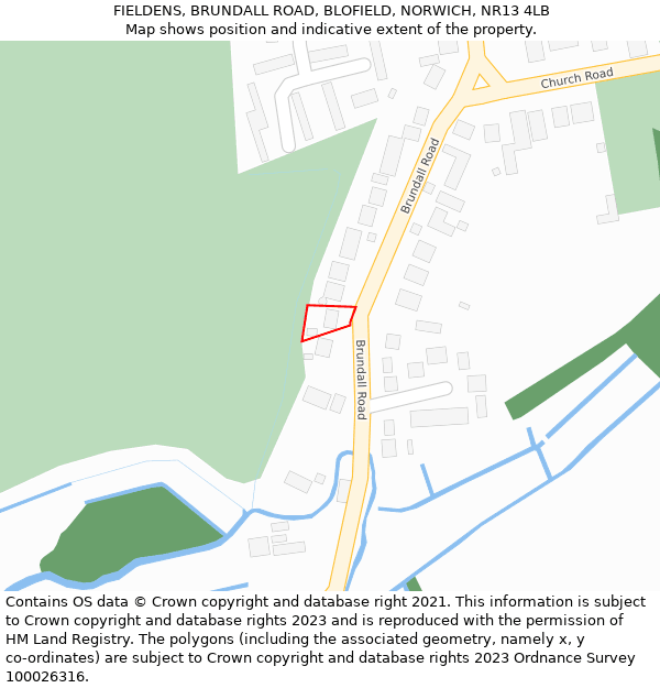 FIELDENS, BRUNDALL ROAD, BLOFIELD, NORWICH, NR13 4LB: Location map and indicative extent of plot