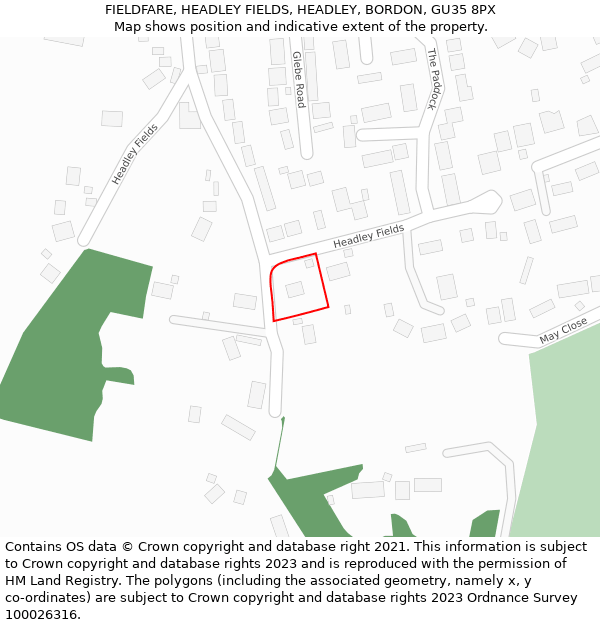 FIELDFARE, HEADLEY FIELDS, HEADLEY, BORDON, GU35 8PX: Location map and indicative extent of plot