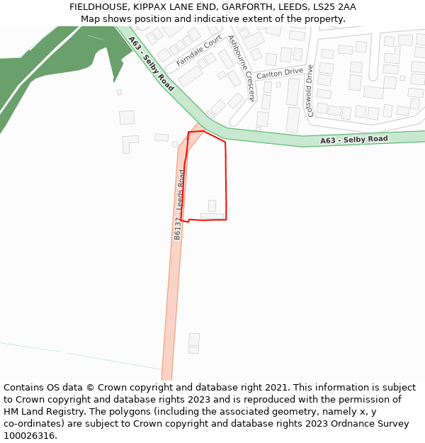 FIELDHOUSE, KIPPAX LANE END, GARFORTH, LEEDS, LS25 2AA: Location map and indicative extent of plot