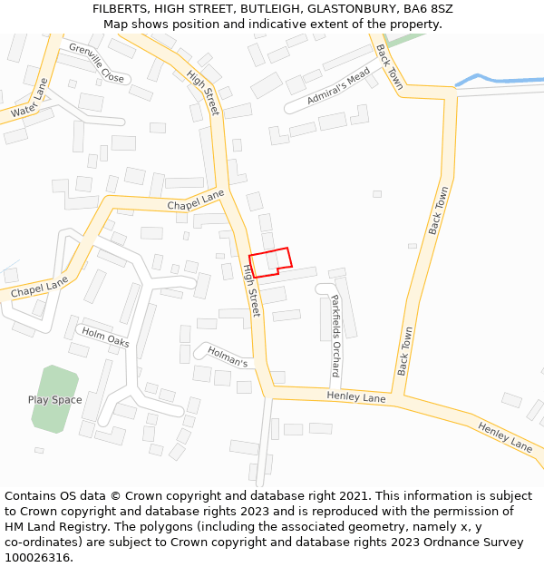 FILBERTS, HIGH STREET, BUTLEIGH, GLASTONBURY, BA6 8SZ: Location map and indicative extent of plot