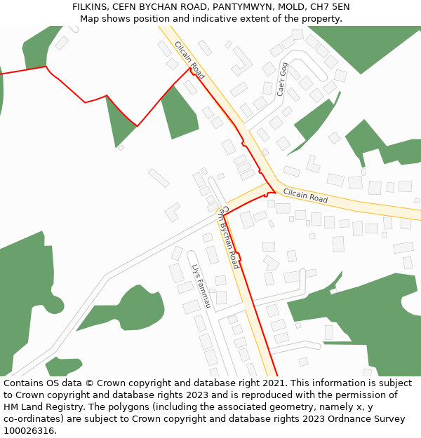 FILKINS, CEFN BYCHAN ROAD, PANTYMWYN, MOLD, CH7 5EN: Location map and indicative extent of plot