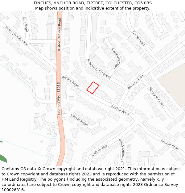 FINCHES, ANCHOR ROAD, TIPTREE, COLCHESTER, CO5 0BS: Location map and indicative extent of plot