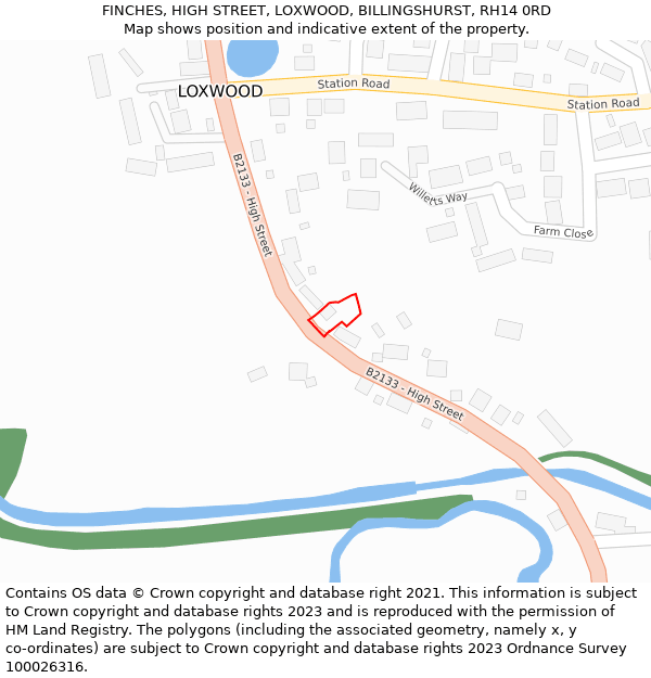 FINCHES, HIGH STREET, LOXWOOD, BILLINGSHURST, RH14 0RD: Location map and indicative extent of plot