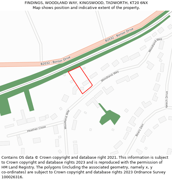 FINDINGS, WOODLAND WAY, KINGSWOOD, TADWORTH, KT20 6NX: Location map and indicative extent of plot