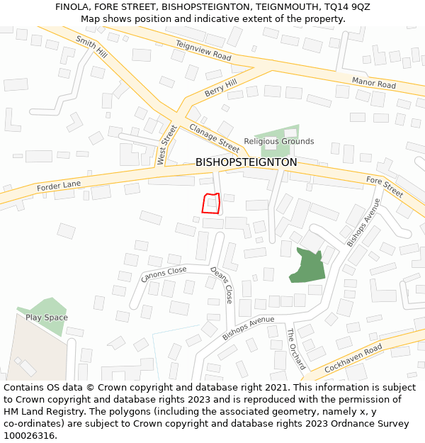 FINOLA, FORE STREET, BISHOPSTEIGNTON, TEIGNMOUTH, TQ14 9QZ: Location map and indicative extent of plot