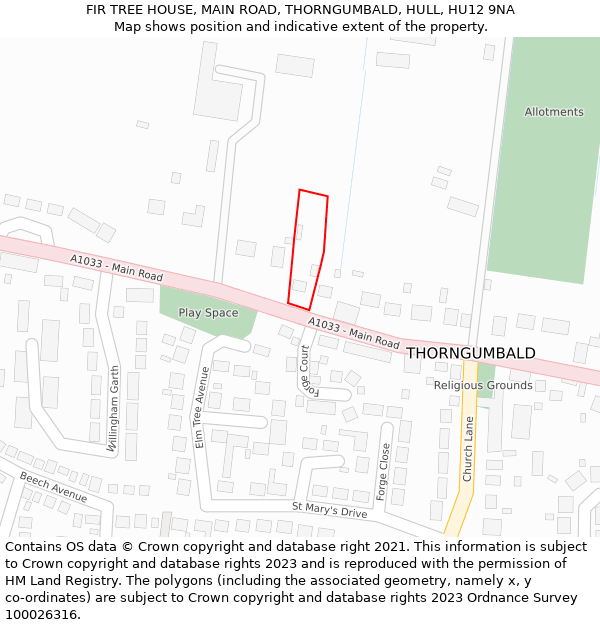 FIR TREE HOUSE, MAIN ROAD, THORNGUMBALD, HULL, HU12 9NA: Location map and indicative extent of plot