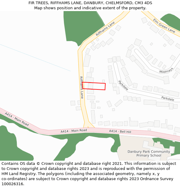 FIR TREES, RIFFHAMS LANE, DANBURY, CHELMSFORD, CM3 4DS: Location map and indicative extent of plot