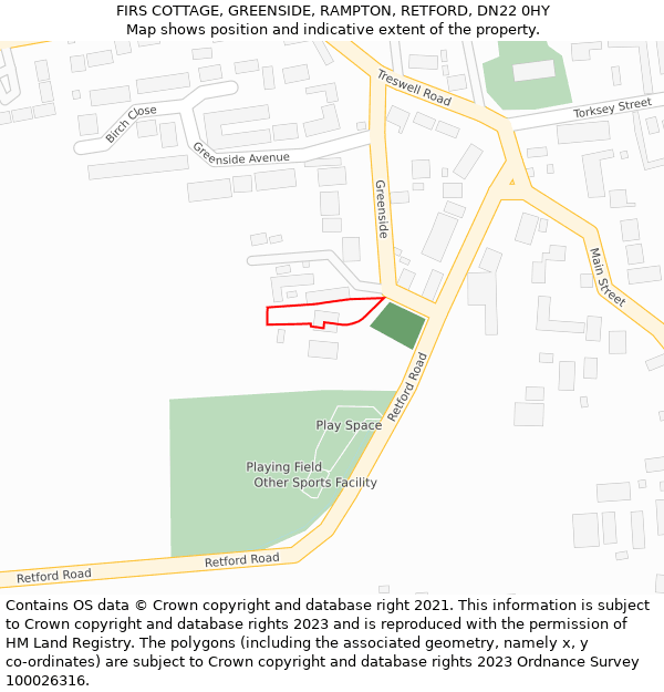 FIRS COTTAGE, GREENSIDE, RAMPTON, RETFORD, DN22 0HY: Location map and indicative extent of plot