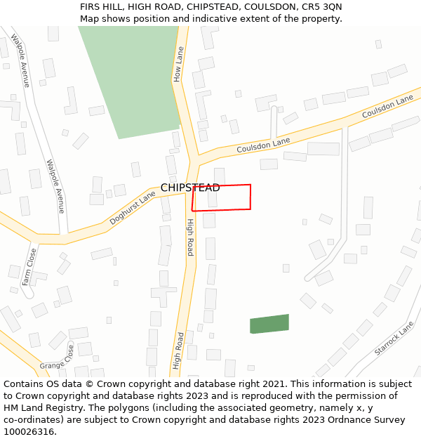 FIRS HILL, HIGH ROAD, CHIPSTEAD, COULSDON, CR5 3QN: Location map and indicative extent of plot