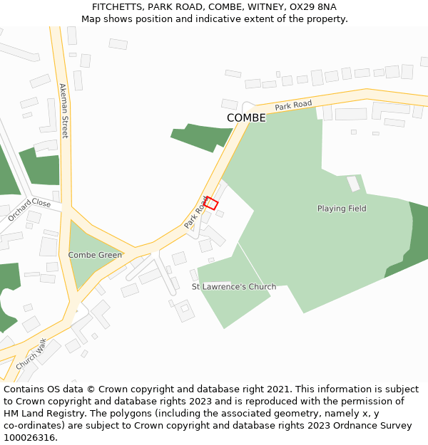 FITCHETTS, PARK ROAD, COMBE, WITNEY, OX29 8NA: Location map and indicative extent of plot