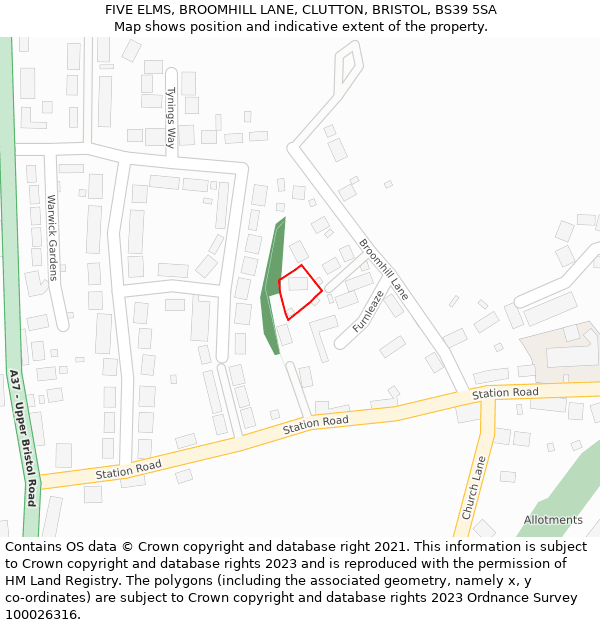 FIVE ELMS, BROOMHILL LANE, CLUTTON, BRISTOL, BS39 5SA: Location map and indicative extent of plot