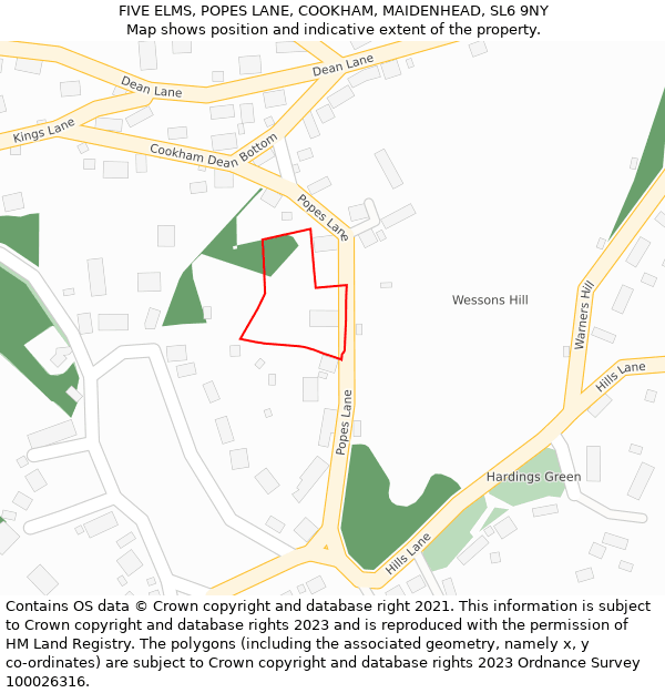 FIVE ELMS, POPES LANE, COOKHAM, MAIDENHEAD, SL6 9NY: Location map and indicative extent of plot