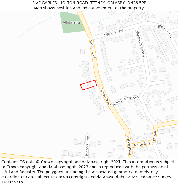 FIVE GABLES, HOLTON ROAD, TETNEY, GRIMSBY, DN36 5PB: Location map and indicative extent of plot