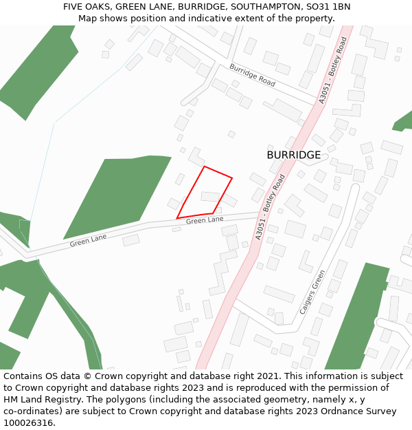 FIVE OAKS, GREEN LANE, BURRIDGE, SOUTHAMPTON, SO31 1BN: Location map and indicative extent of plot