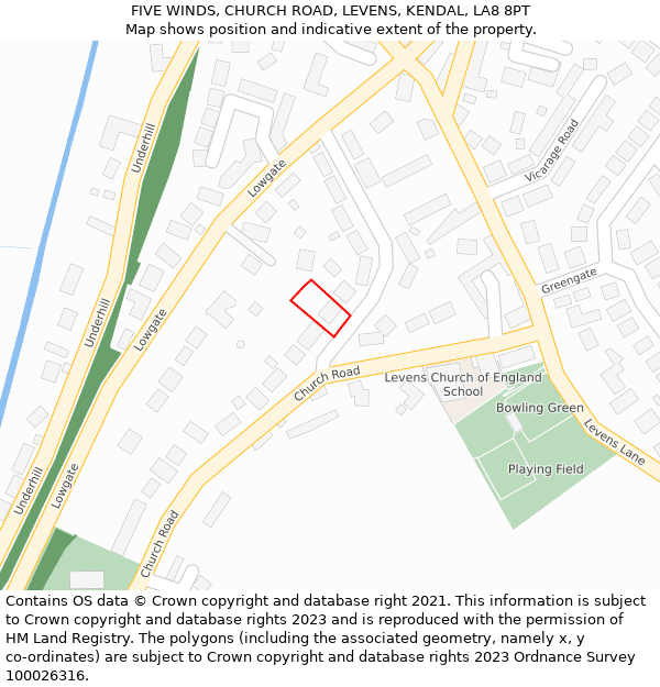 FIVE WINDS, CHURCH ROAD, LEVENS, KENDAL, LA8 8PT: Location map and indicative extent of plot