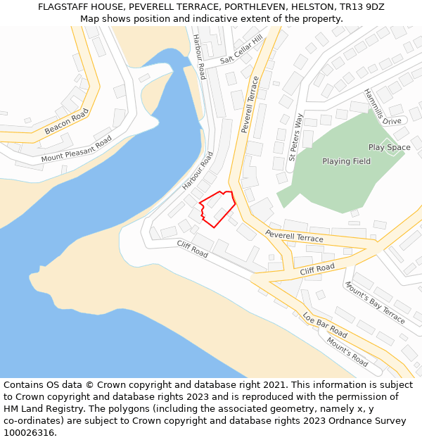 FLAGSTAFF HOUSE, PEVERELL TERRACE, PORTHLEVEN, HELSTON, TR13 9DZ: Location map and indicative extent of plot