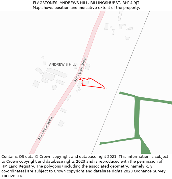 FLAGSTONES, ANDREWS HILL, BILLINGSHURST, RH14 9JT: Location map and indicative extent of plot