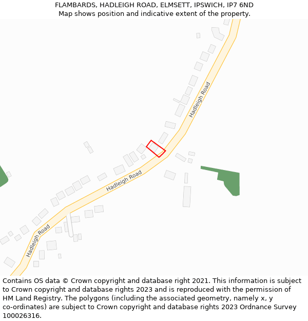 FLAMBARDS, HADLEIGH ROAD, ELMSETT, IPSWICH, IP7 6ND: Location map and indicative extent of plot