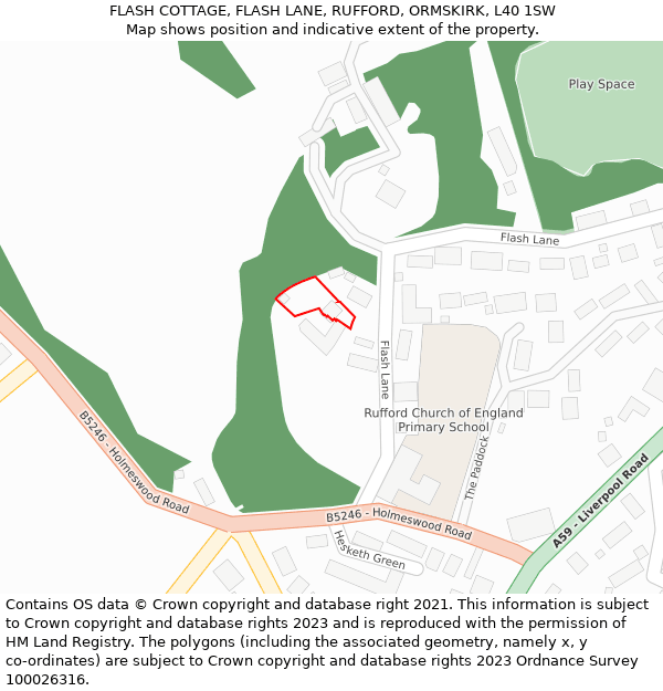 FLASH COTTAGE, FLASH LANE, RUFFORD, ORMSKIRK, L40 1SW: Location map and indicative extent of plot