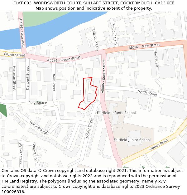 FLAT 003, WORDSWORTH COURT, SULLART STREET, COCKERMOUTH, CA13 0EB: Location map and indicative extent of plot