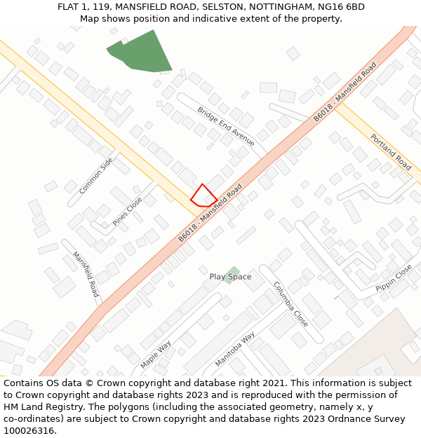 FLAT 1, 119, MANSFIELD ROAD, SELSTON, NOTTINGHAM, NG16 6BD: Location map and indicative extent of plot