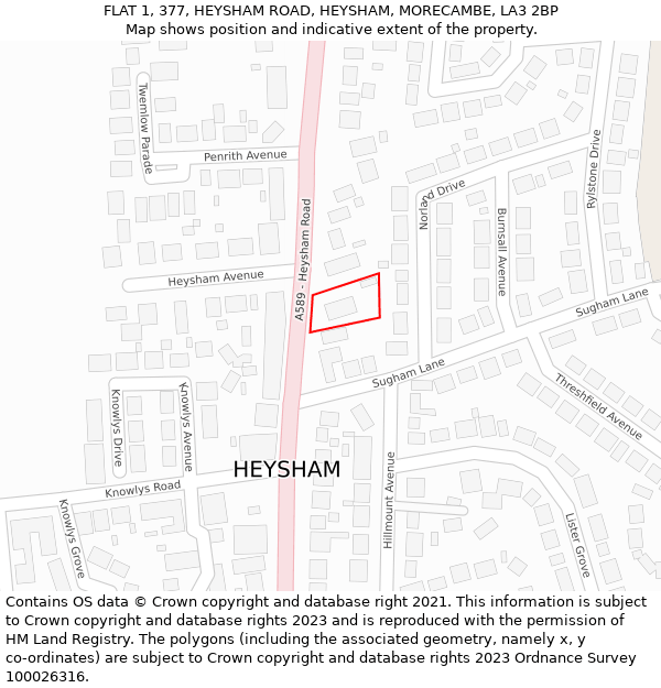 FLAT 1, 377, HEYSHAM ROAD, HEYSHAM, MORECAMBE, LA3 2BP: Location map and indicative extent of plot