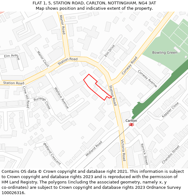 FLAT 1, 5, STATION ROAD, CARLTON, NOTTINGHAM, NG4 3AT: Location map and indicative extent of plot