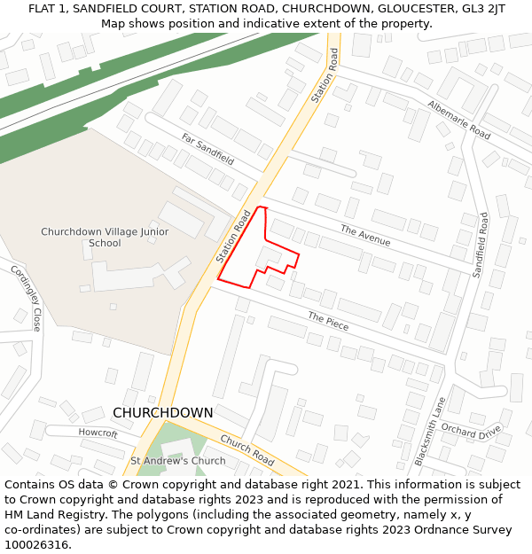 FLAT 1, SANDFIELD COURT, STATION ROAD, CHURCHDOWN, GLOUCESTER, GL3 2JT: Location map and indicative extent of plot