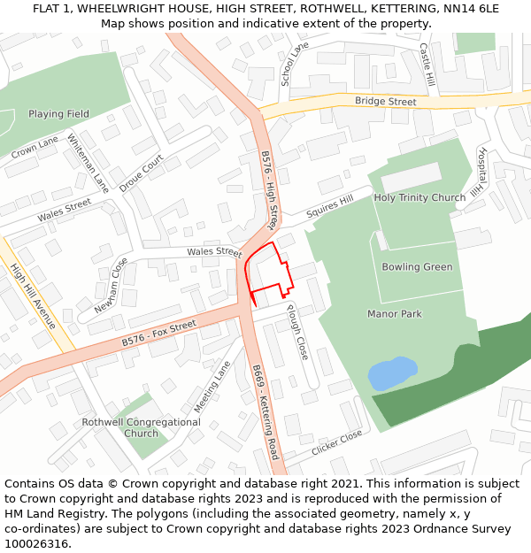 FLAT 1, WHEELWRIGHT HOUSE, HIGH STREET, ROTHWELL, KETTERING, NN14 6LE: Location map and indicative extent of plot