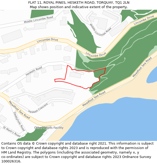 FLAT 11, ROYAL PINES, HESKETH ROAD, TORQUAY, TQ1 2LN: Location map and indicative extent of plot